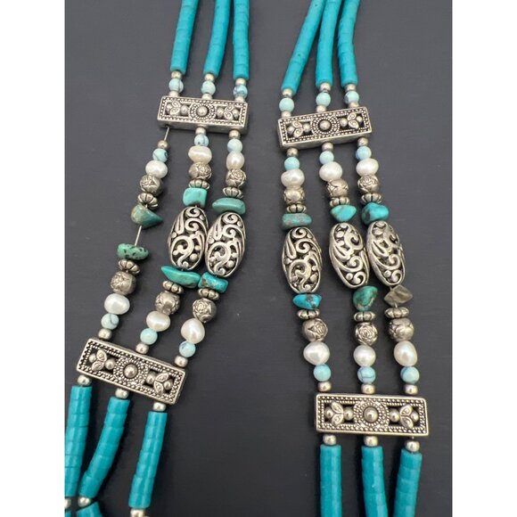 Vintage Artisan Southwest Necklace Blue Beads Pearls Silver Tone Filigree Boho - Picture 7 of 10